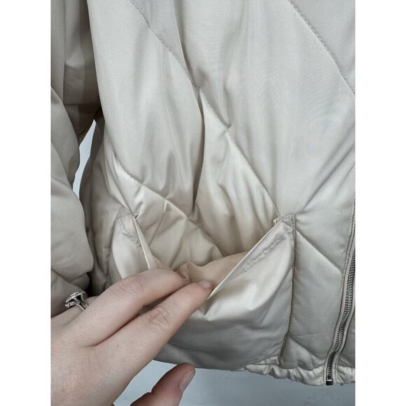 Zara Puffer Jacket Women Medium Beige Cropped Preppy Minimalist Full‎ Zip - Picture 13 of 13